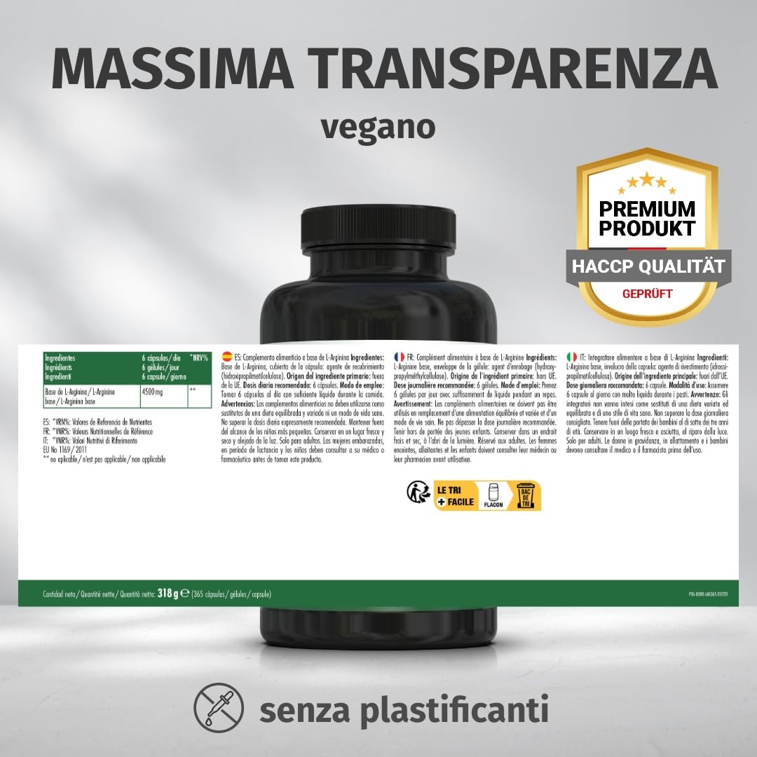 Green Naturals® L-Arginina – Ad alto dosaggio 4.500 mg per dose giornaliera – L-arginina base pura da fermentazione naturale – 100% vegana & senza additivi – 365 capsule (60 giorni)