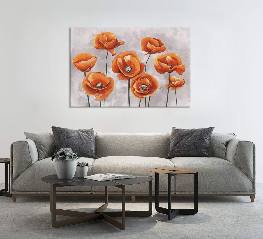 Zlove Burnt Orange Flowers Wall Art, Abstract Poppy Paint - Grey and Orange Large Home Decor for Bathroom Living Room, 24"x36"