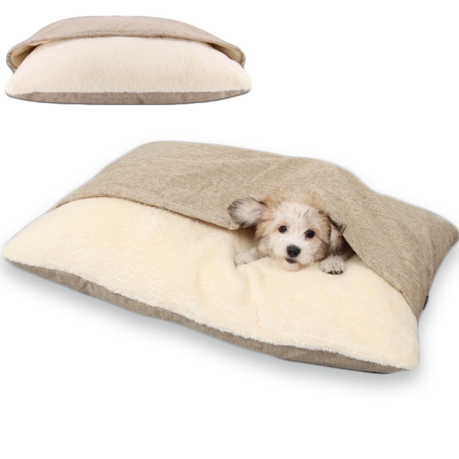 Snootzi Snuggleburrow Bed, Snoozie Snuggle Burrow Bed with Attached Blanket, Dachshund Bed Cave, Dog Beds with Removal Nesting Cave Cover, Anti-Anxiety Hooded Pet Beds (Khaki, XL: 39.37 * 29.53in)