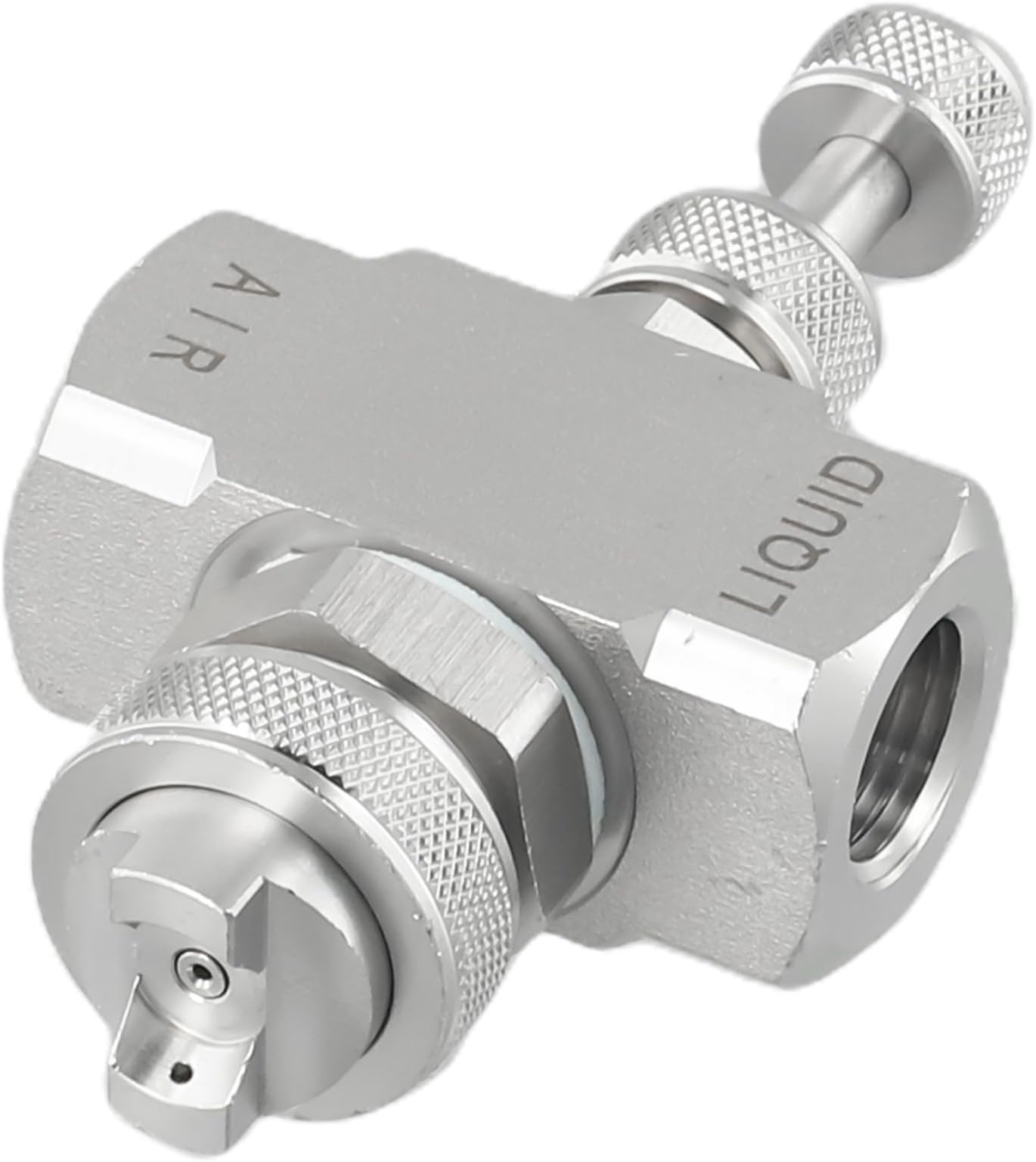 Air Atomizing Nozzle with Adjustable Needle, 1/4 BSPT Thread, 80 Degree Spray Angle for Misting, Cooling, and Humidification, Made of 304 Stainless Steel