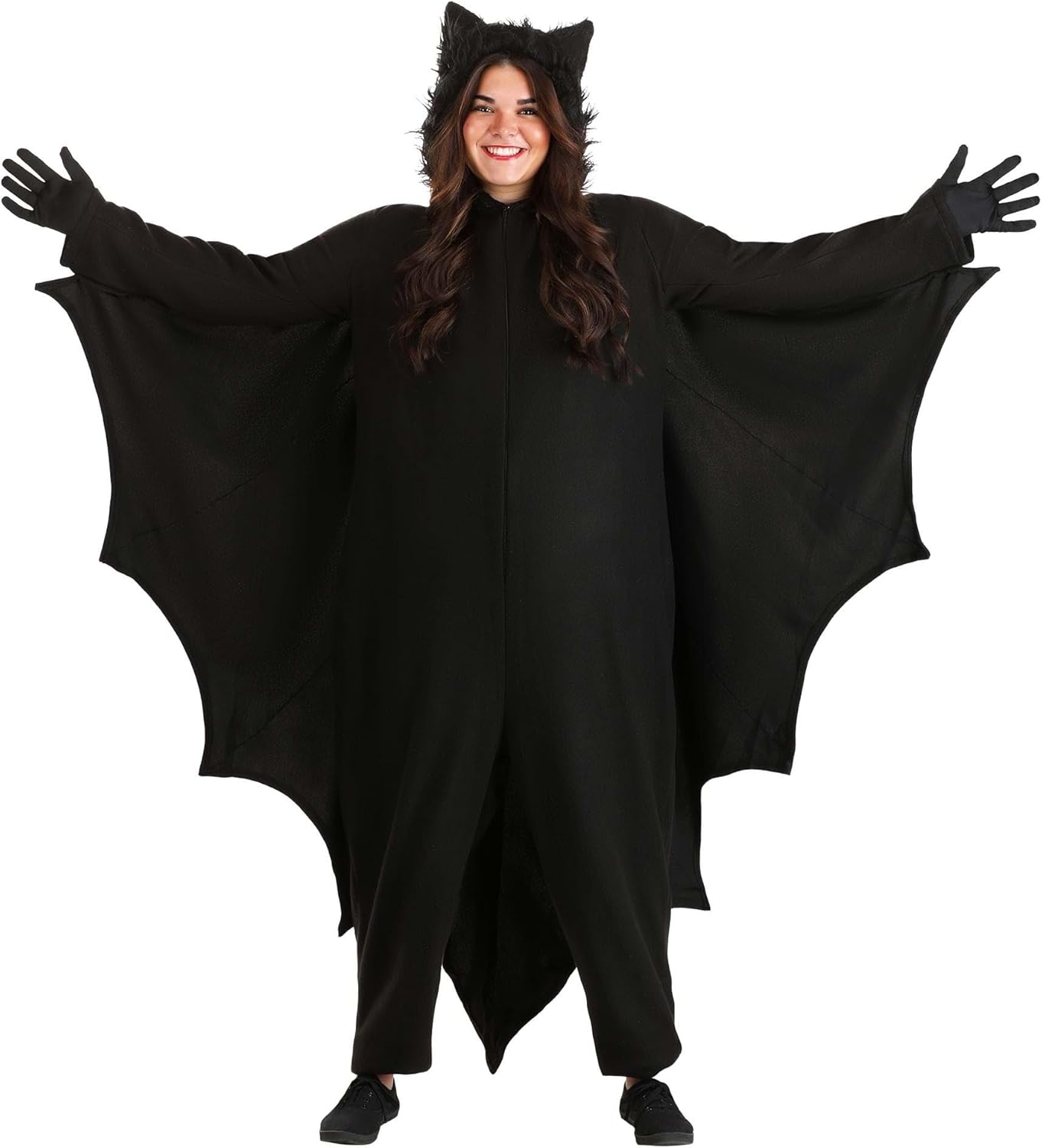Adult Plus Size Bat Costume Fleece Jumpsuit with Wings, Faux Fur Hood, Front Zipper Closure