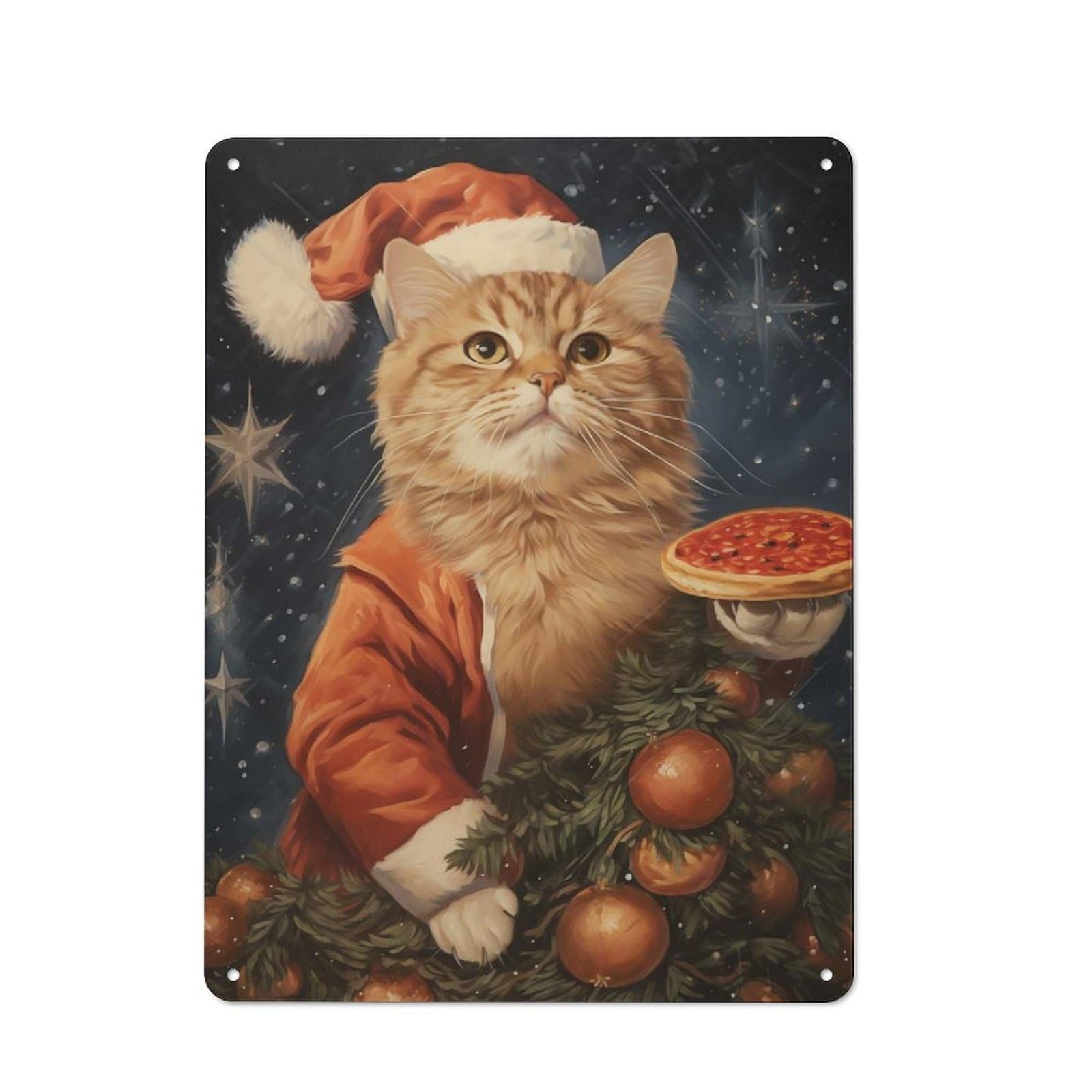 Junmoney Cat Eat Pizza In Christmas Metal Sign 40X30cm With For Home Bar Wall, Retro Decor, For Garage, Workshop And Man Cave Decoration