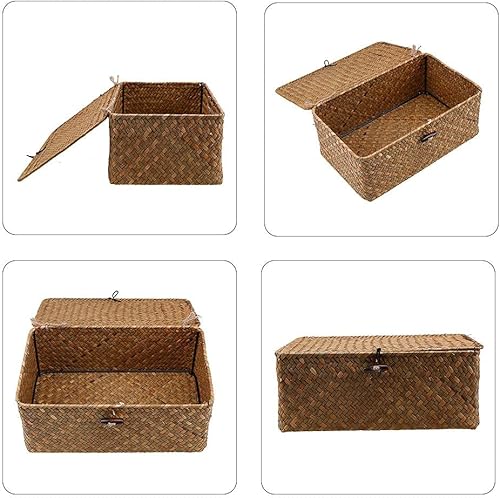 Miniatura 5 de Cesta de almacenamiento tejida a mano con tapa de pastos marinos, versátil caja de almacenamiento tejida con tapa, ideal para cosméticos, ropa,