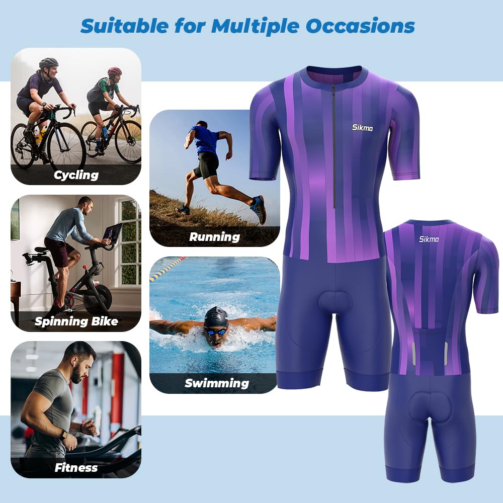 Sikma Combinaison de triathlon à manches mi-longues pour homme en maille respirante rembourrée avec réflexion haute visibilité, une poche arrière et bande élastique pour les jambes