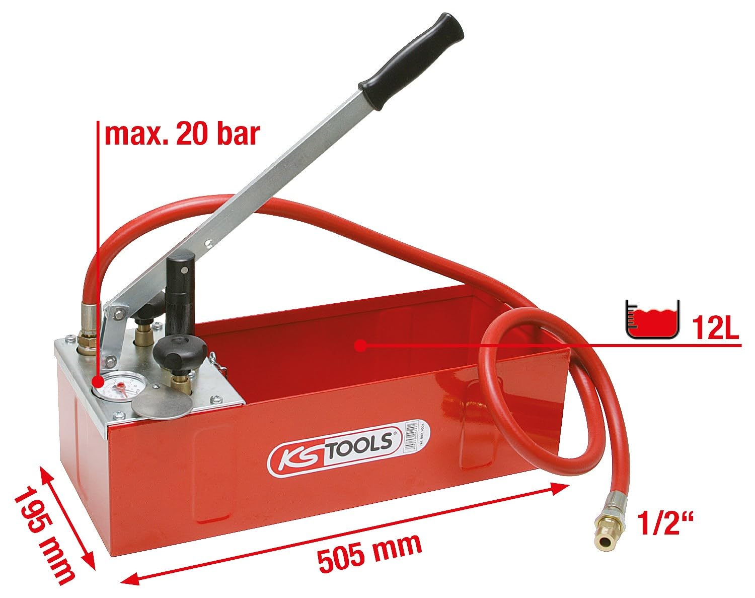 KS Tools 902.1004 Bomba de comprobación KS 50 roja, 60bar, tanque de 12L