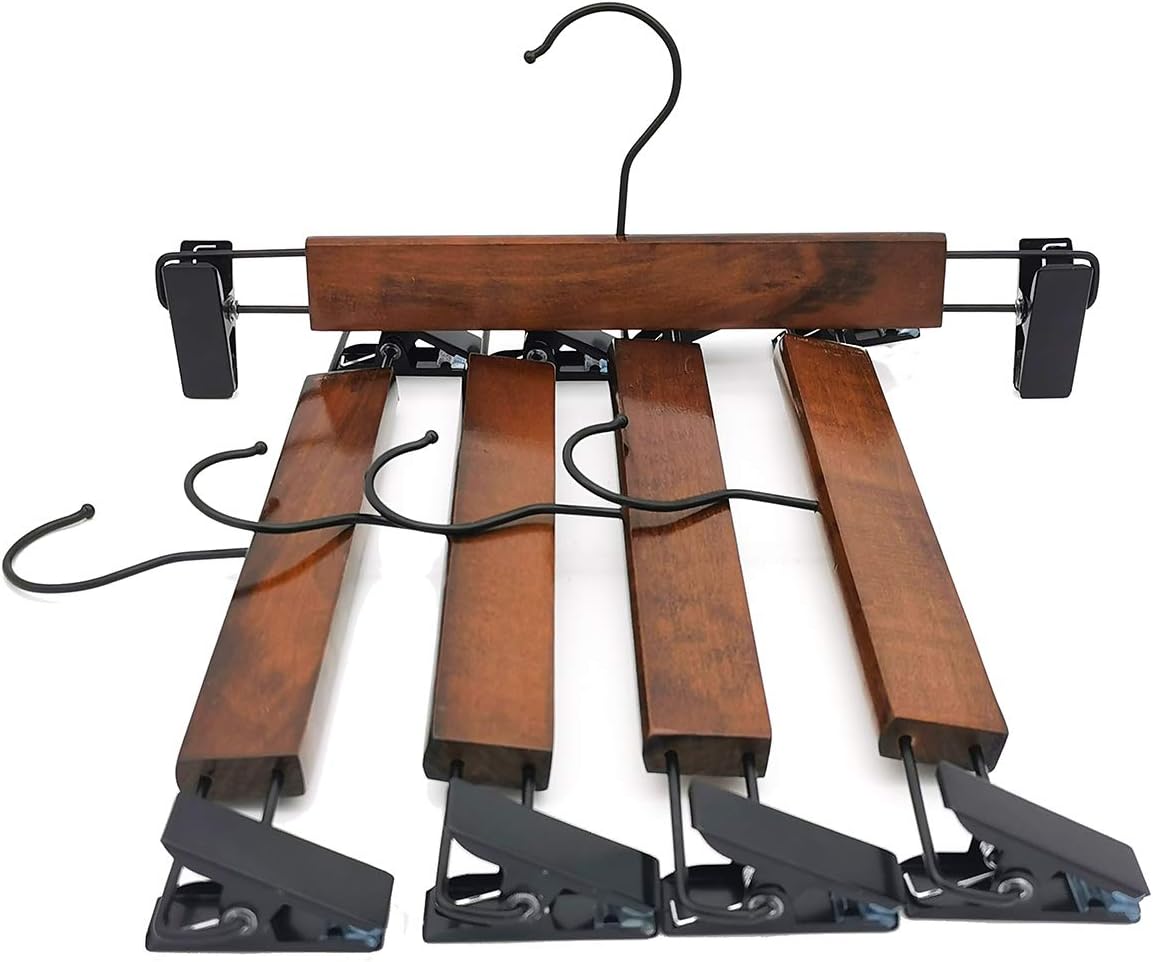 Wooden Pants Hangers Finish with Metal Clips Natural Wood Hanger for Skirts Slacks,One Pack of 5 (Walnut) - Image 4