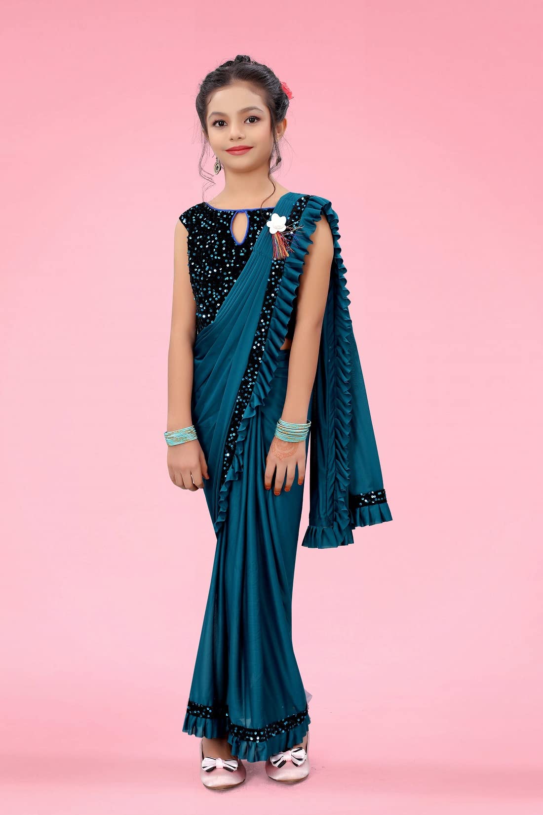 Dhyey fashion Girls Lycra Blend Ruffle Pattern Saree With Velvet Unstitched Blouse Piece - Image 2 thumbnail