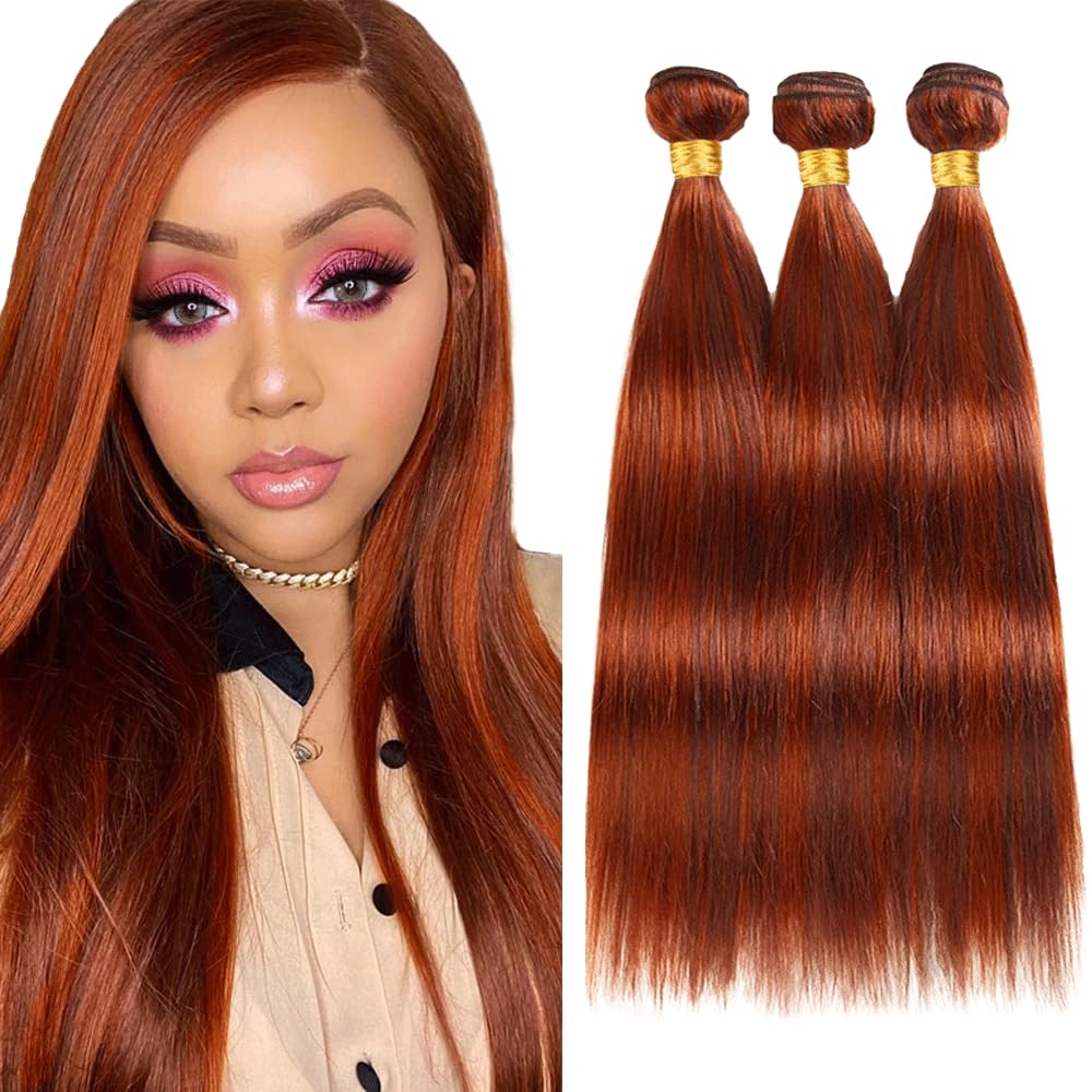 P33/350 Bundles Highlight Straight Human Hair Bundle Two Tone Color 33 Copper Mixed With Ginger Bundle Reddish Brown Straight 3 Bundles 10 12 14 Inch