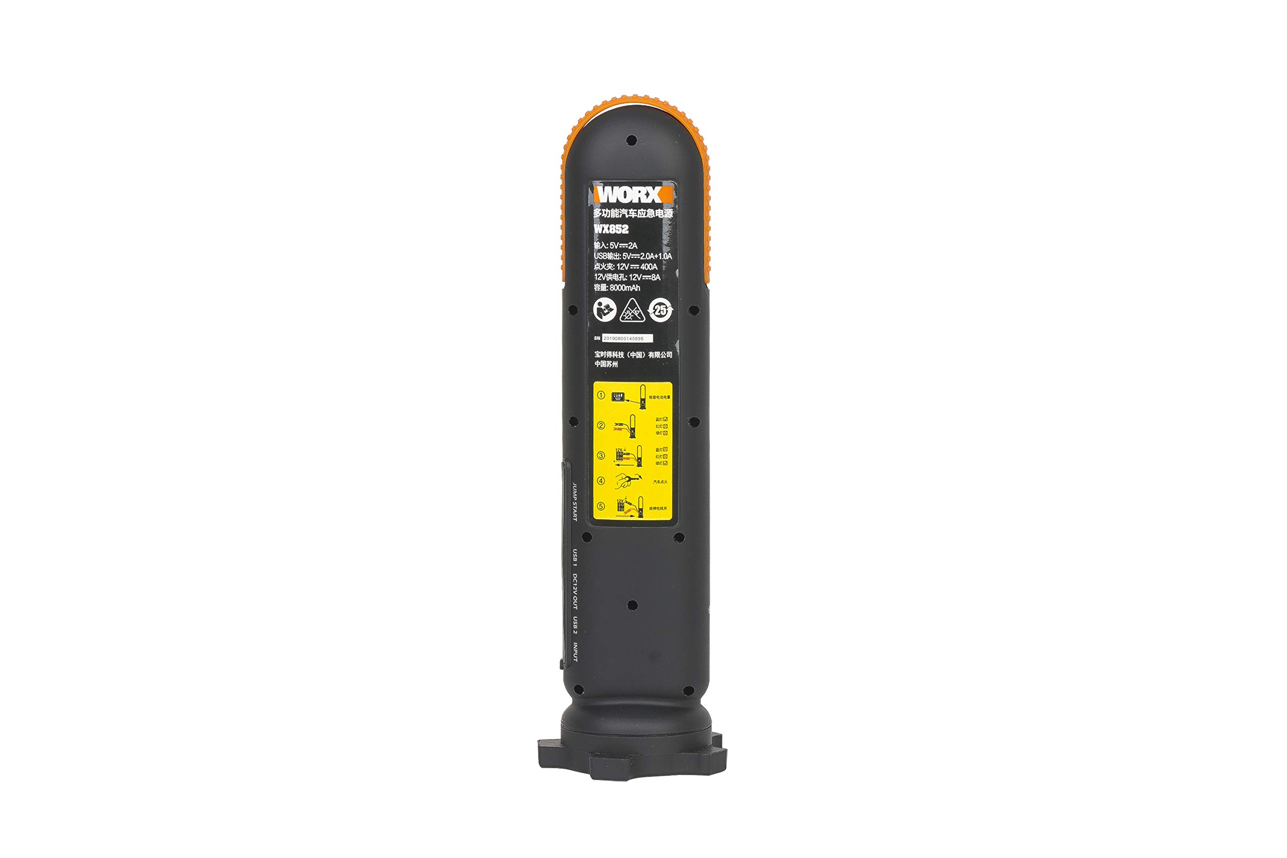 WORX - Avviatore/Booster batteria wireless 12 V - con lampada LED -avvertimento SOS - WX852.1 (30 avviamenti con una ricarica, 500 lumen - Batterie ai polimeri di litio da 12000 mAh, caricatore USB,