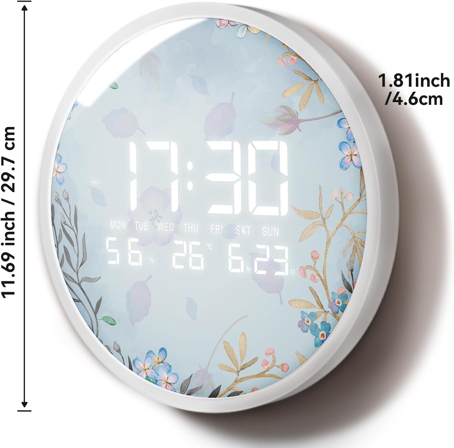 Smart Lighted Digital Wall Clock with Temperature Time Calendar Large Display Clocks 12/24H Modern LED Clock for Living Room Bedroom Office Kitchen Home Decor 12 Inch Plug-in Powered