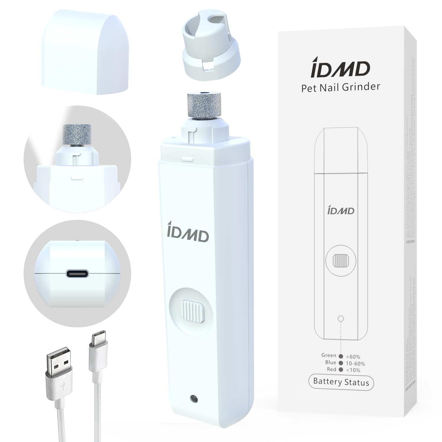 Dog Nail Grinder with Light Dog Nail Trimmers Quiet Powerful 2-Speed Rechargeable Electric Pet Nail Grinder File Toenail Clippers for Large Medium Small Dogs & Cats (White+Charging Cable)