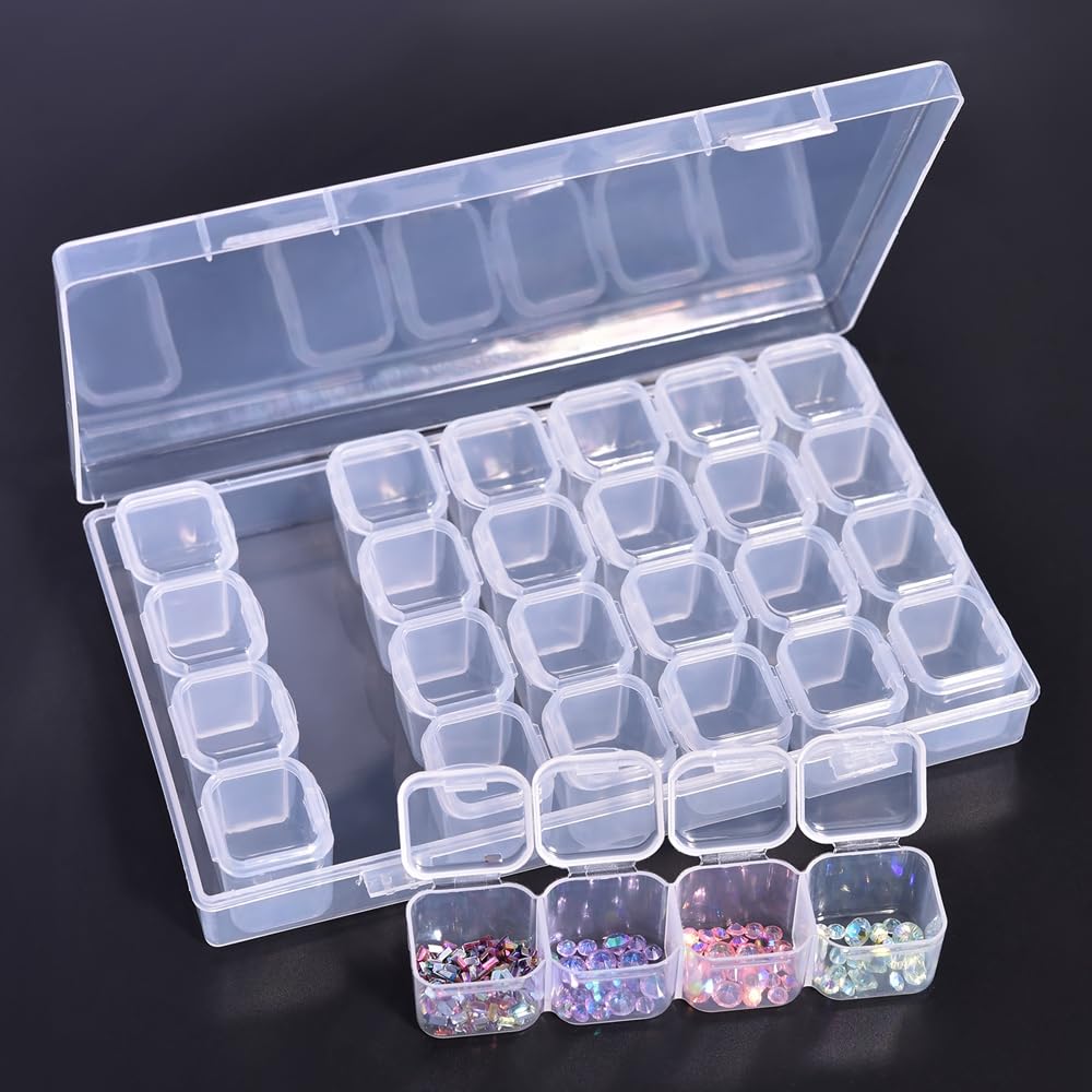 KAZIPOP 28 Grids Diamond Paint Storage Boxes Plastic Nail Art Decorations Container Bead Storage Box Rhinestone Organizer Container Case Detachable Display Tray (Clear)