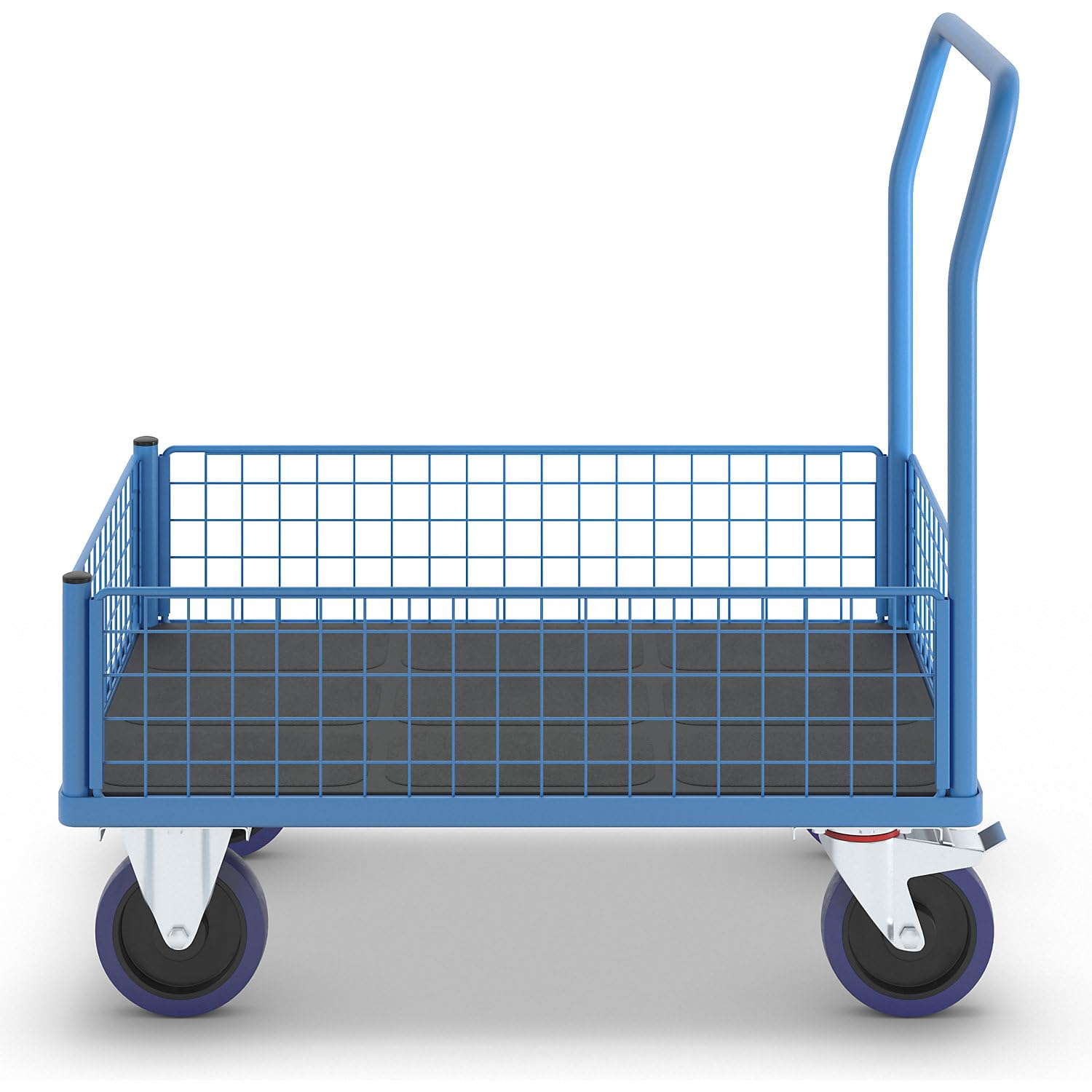 eurokraft pro | Plattformwagen mit Gitterwänden | Vollelastik-Rollen, 4 halbhohe Gitter, LxB 1000 x 650 mm