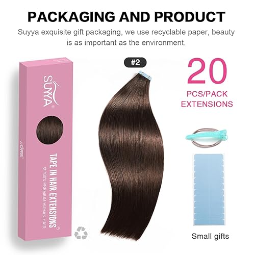 Miniatura 2 de SUYYA Extensiones de Cabello con Cinta Cabello Humano Castaño 100% Cabello Humano Real 12 pulgadas 20 piezas 40gpaquete (1.41 ozpaquete) Liso Sin