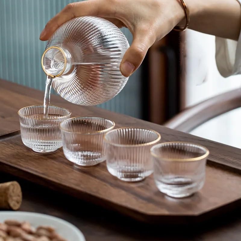 Xilin-872 Karaffe 5Pcs Vertikale Streifen Sake Topf Transparent Phnom Penh Glas 1 Topf 4 Schuss Glas Karaffe Wein Set Schnaps Spender Wein Separator Wasserflasche(Color:B)