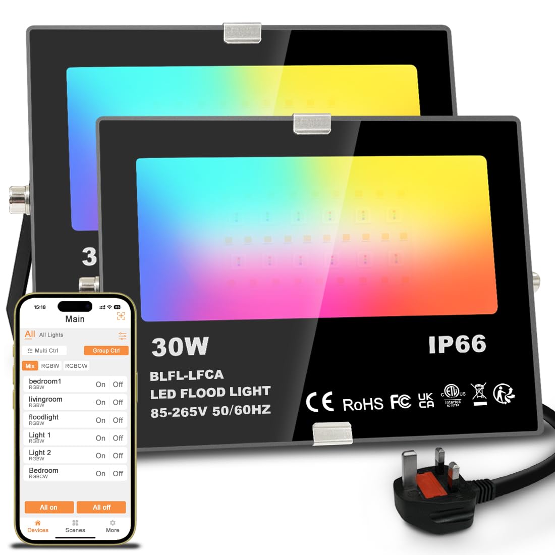 Lighting master LED Floodlight 30W 3000LM, Smart RGB Flood Lights Outdoor with APP Control, Colour Changing + Warm White, Timing - Scene - Garden IP66, UK Plug（2 Packs