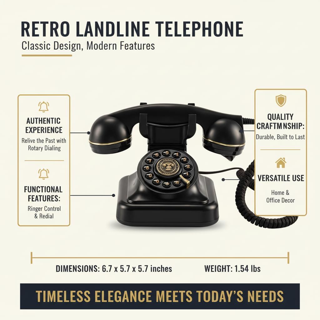 Retro Landline Telephone, Old Phone with Ringer Control & Redial, Black Phones, Classic Corded Desk Phone with Ringer & Redial, Vintage Style for Home & Office'