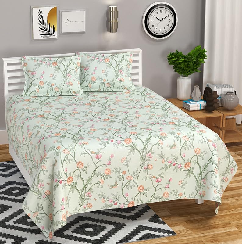 VAS COLLECTIONS XXL Microfiber Soft Cotton King Size Bedsheet for Double Bed, King Size 108 x108 in, 9 Feet, 275x275 cm | 2 Large Size Pillow Covers Without Joint - White & Green Rose, 200 tc - 240 tc