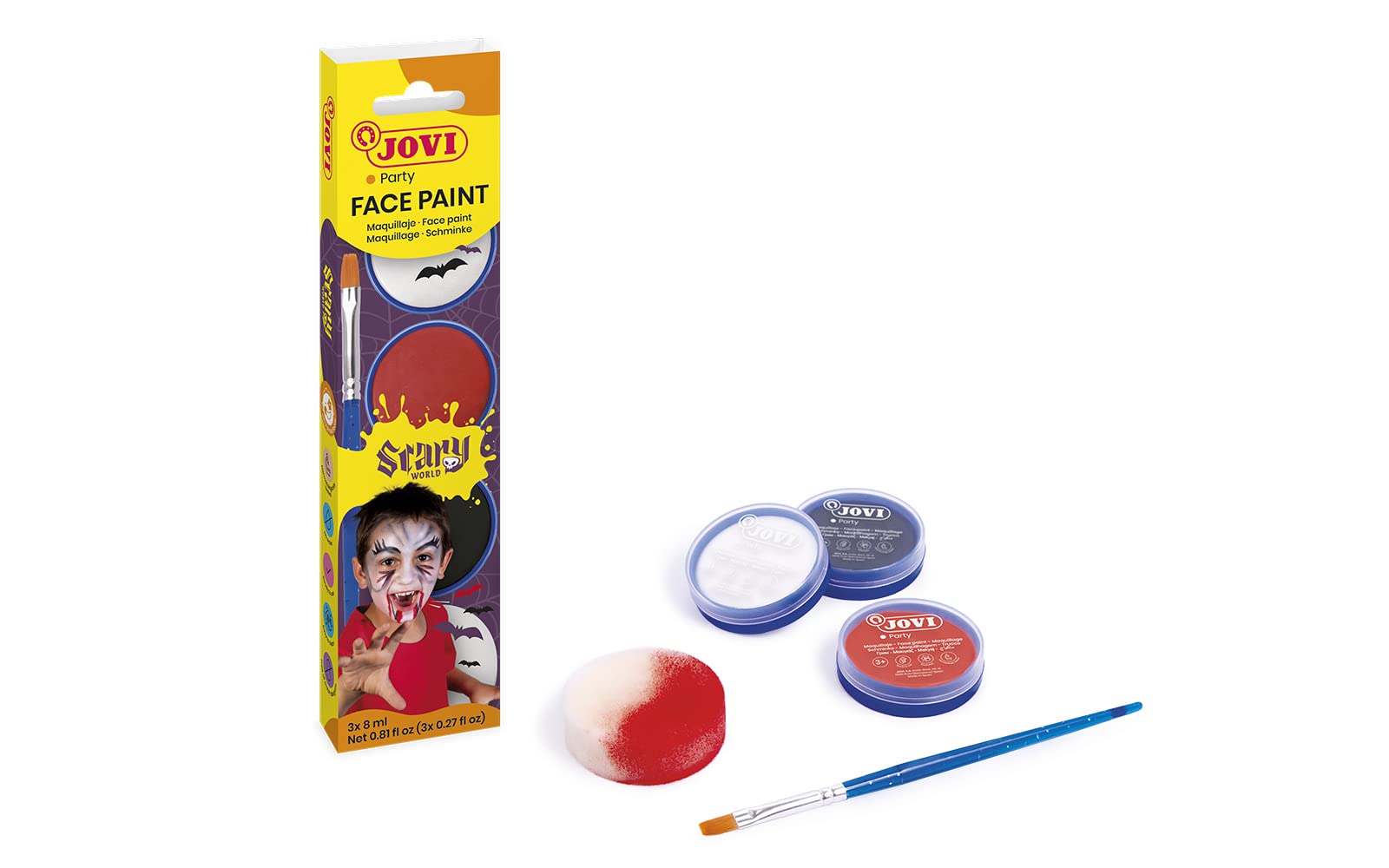 Jovi - Maquillaje Infantil SCARY, Estuche 3 botes de 8ml, Maquillaje en crema, Colores blanco, rojo y negro, Incluye esponja de maquillaje y pincel plano (174SC)