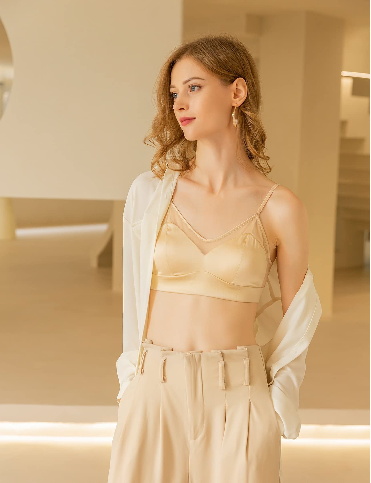 Reggiseni per Tutti i Giorni in Seta di gelso per Donna Seno Piccolo Coppa a Triangolo Francese Reggiseno a Canotta Sottile Lingerie Rimovibile