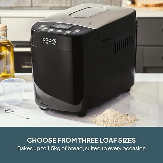 Cooks Professional Digital Bread Maker | 15 Programmes, 8 Custom Presets, Delay Timer & Keep Warm Function & Accessory Kit | XL Breadmaker Machine | 3 Loaf Sizes 0.5–1.5kg | Black & Silver