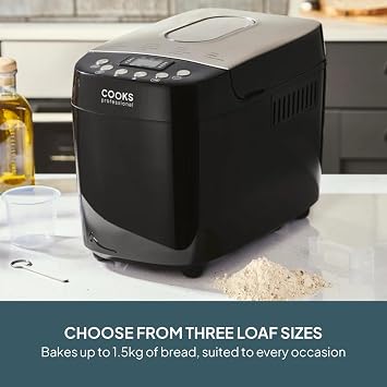 Cooks Professional Digital Bread Maker | 15 Programmes, 8 Custom Presets, Delay Timer & Keep Warm Function & Accessory Kit | XL Breadmaker Machine | 3 Loaf Sizes 0.5–1.5kg | Black & Silver
