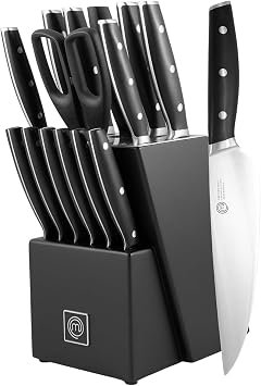 MasterChef Kitchen Knife Set with Block and Sharpener Plus Scissors, 15pc Chef Knife Set of Professional Grade Kitchen Knives