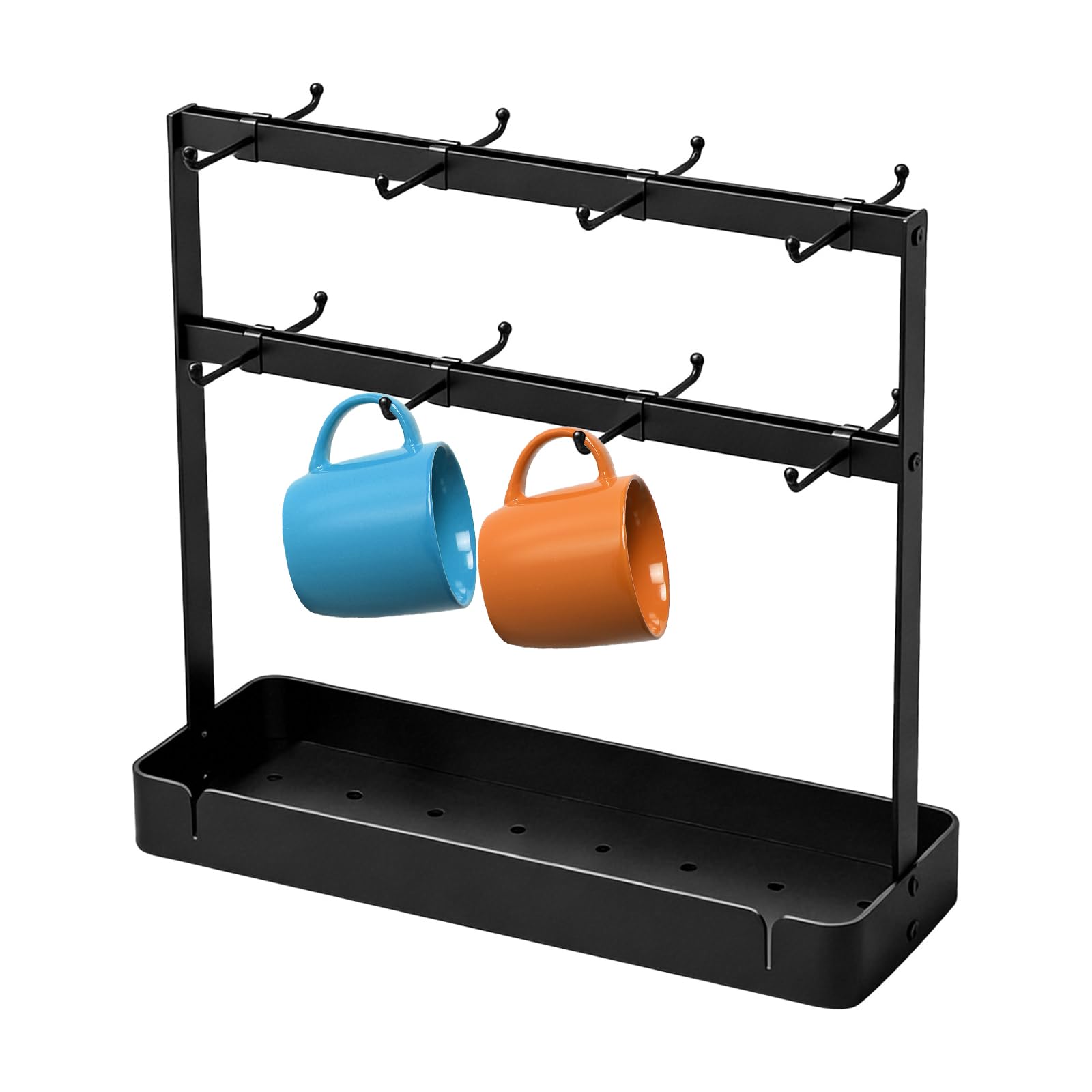 Calolin Coffee Mug Holder Stand, 16 Hooks Countertop Cup Tree Rack, 16.5 x 5.9 x 17.3 in 2-Tier Countertop Cup Tree Stand with Storage Base for Kitchen, Coffee Bar, Black