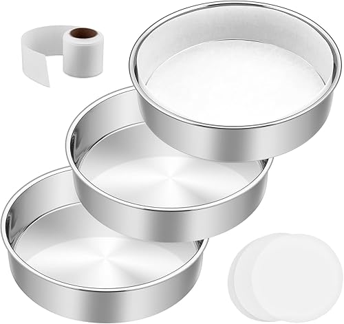 E-far Juego de 3 moldes para pasteles de 8 pulgadas, de acero inoxidable, de capa redonda, con pergamino redondo y rollo de revestimiento lateral,