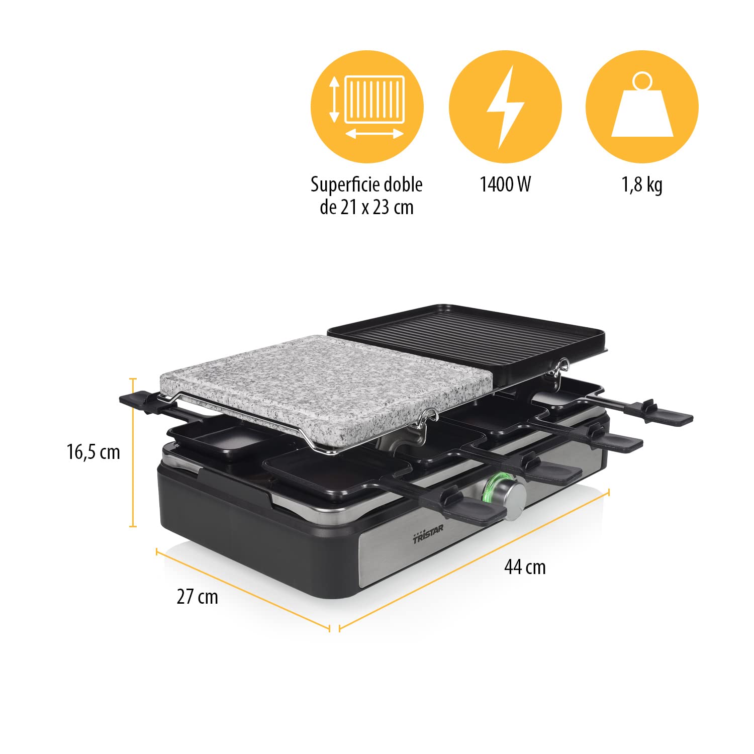 Tristar RA-2725 Raclette multifuncional cinco en uno, plancha de asar, parrilla, raclette y plancha de piedra, termostato regulable, superficie doble de 21 x 23 cm, Para 8 comensales, 1400 W
