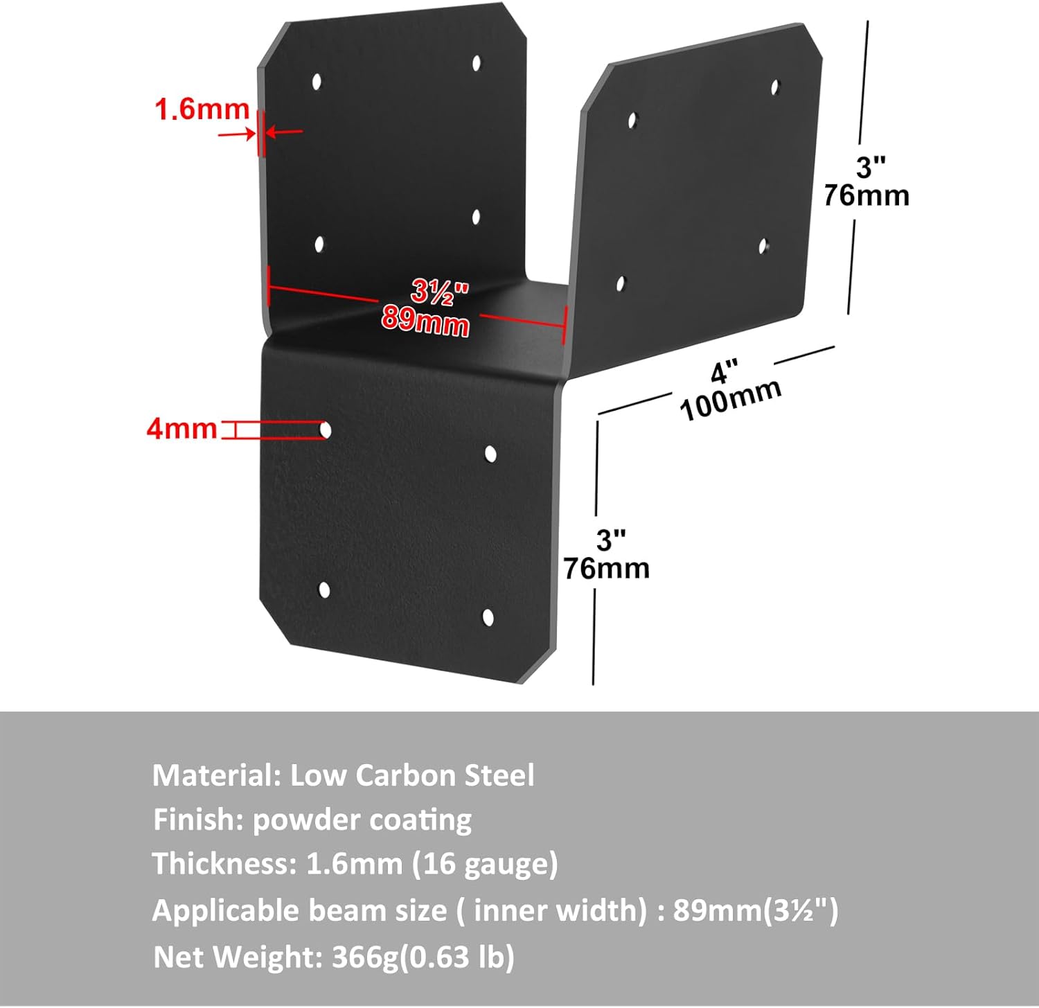 4 Pcs 4x4 Post Caps Tie Bracket, Pergola Brackets for Post to Beam,16 Gauge