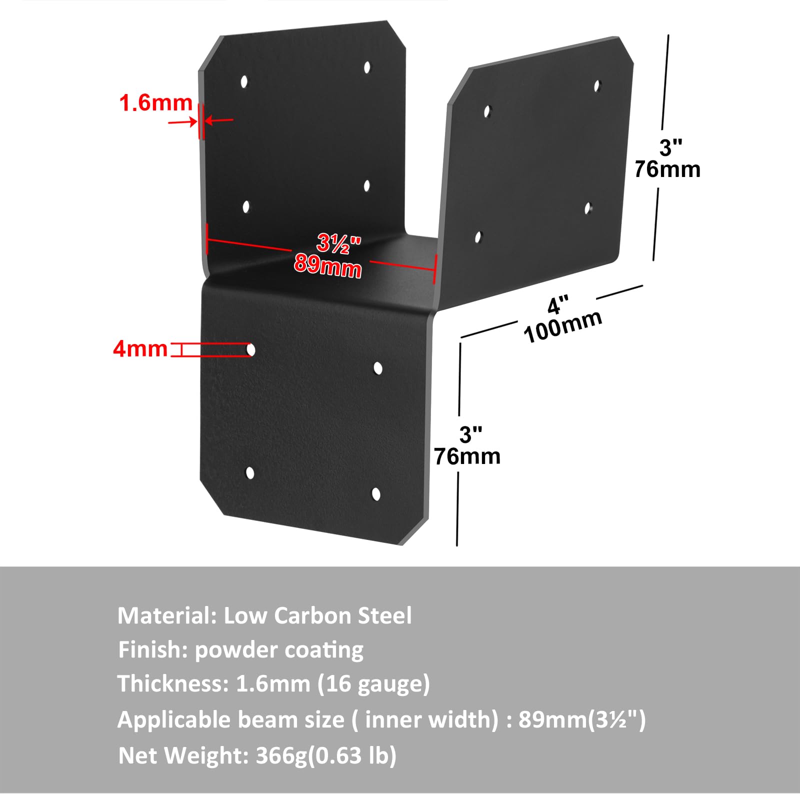 YESiDEA 4-Pack Joist Anchor Connector – 4x4 Post Caps Tie Bracket, Black Powder-Coated Steel, For Pergolas, Headers & Decks