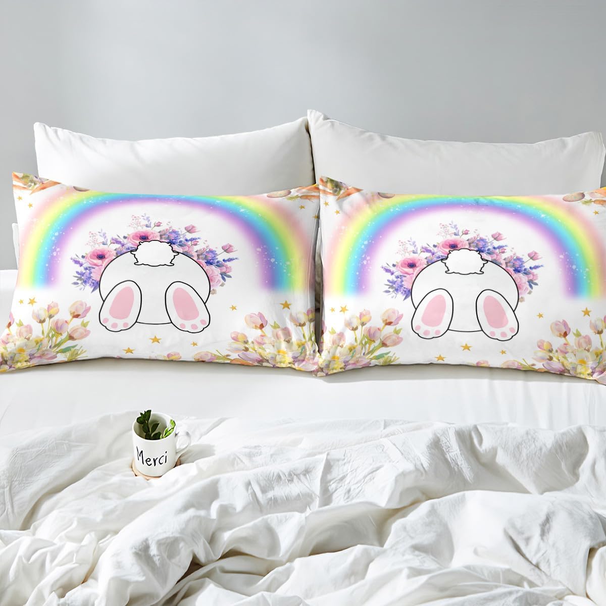 Easter Kawaii Rabbits Bedding Set Toddler Size,Watercolor Rainbow Flowers Duvet Cover 2pcs for Kids Room Decor, Rustic Carrots Eggs Comforter Cover,Retro Farmhouse Style Quilt Cover