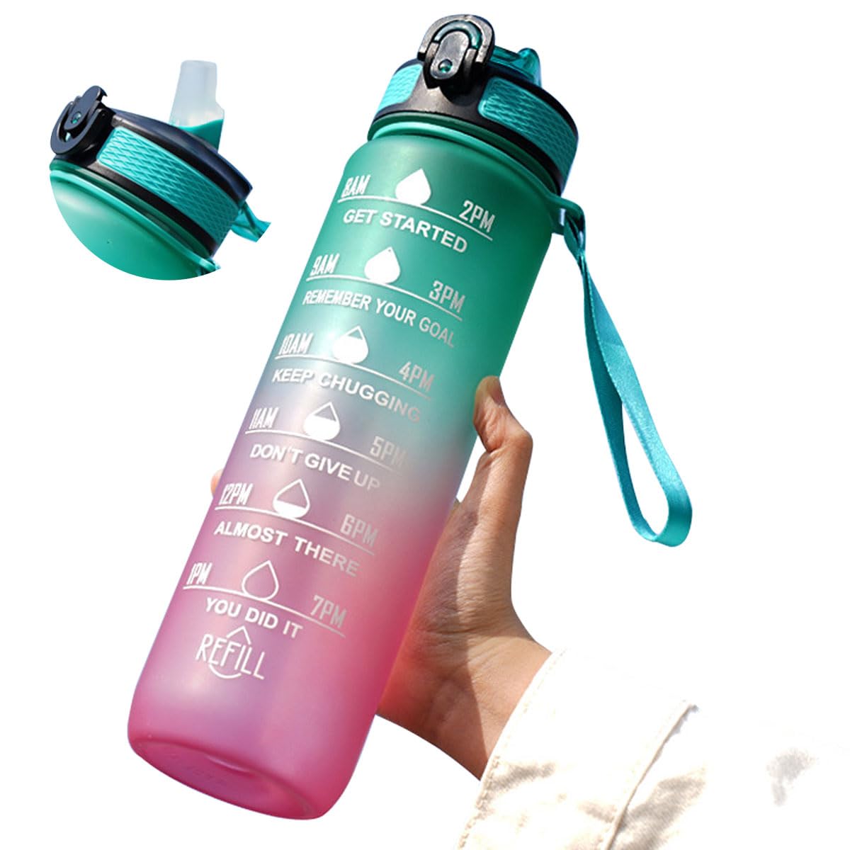 ECVV® 35oz/1L Motivational Water Bottle with Time Marker & Encourage Phrase - BPA Free, Leakproof Wide Mouth, Fast Flow Technology, Perfect for Daily Hydration(Green Pink)