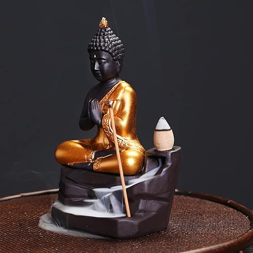 Miniatura 4 de Golden Buddha - Quemador de incienso zen, soporte para incienso árabe, cascada de humo, estufa oriental de aromaterapia decorativa (B)
