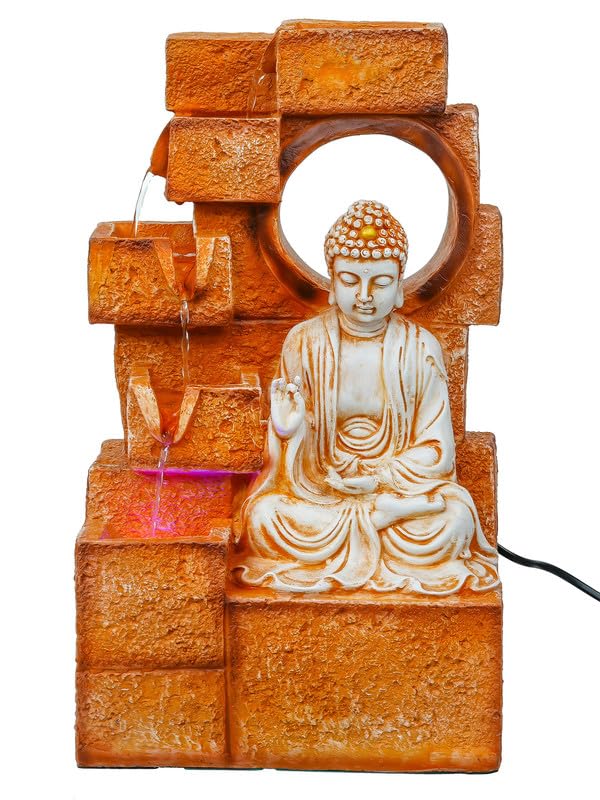 Image of Multicolor Polyresin Tabletop Buddha 5 Step Indoor Water Fountain for Home Decor with LED, Speed Control Pump (Size: 25.5 x 17.5 x 44 CM | Weight: 2525Gram)