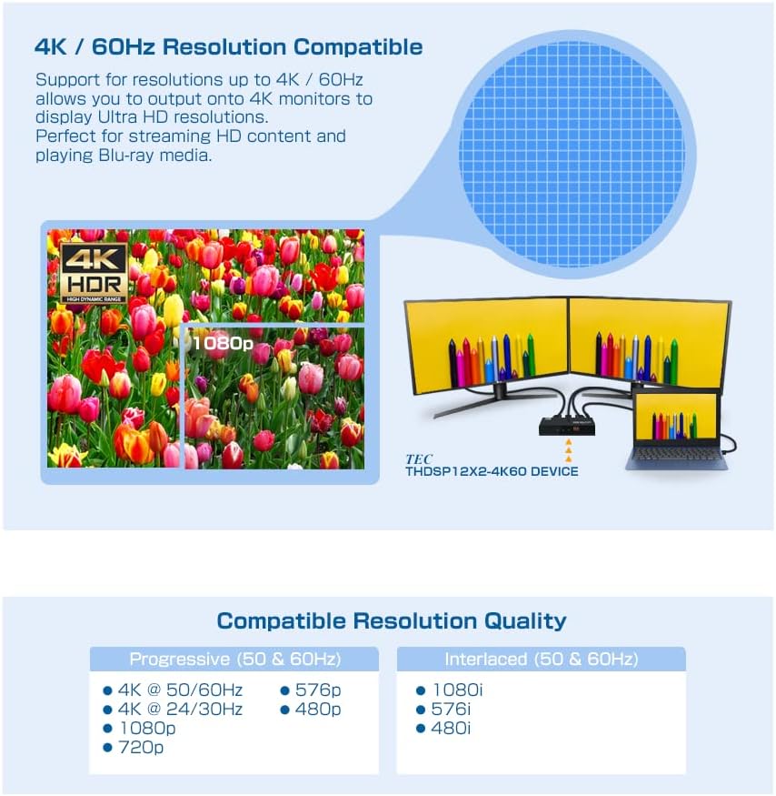TEC Splitter 1 in 2 Out Distirbutor 4K 18GBPS 60Hz Manual EDID Selection HDMI Full HD 1080 3D Supported - 1 Source 2 Ouput Setup HDCP 2.0 Compliant Amplified Display