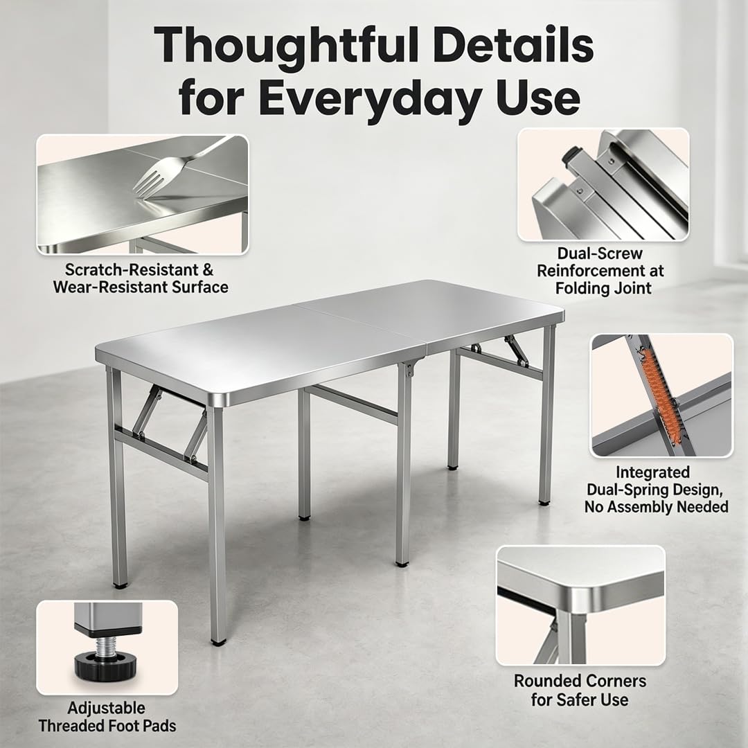 Banco de Trabajo Resistente de Acero Inoxidable 304, Mesa de preparación de Cocina Plegable, Mesa Plegable para lavandería, Ideal para Camping, barbacoas y restaurantes (tamaño: 59 * 23.6 * 28.7