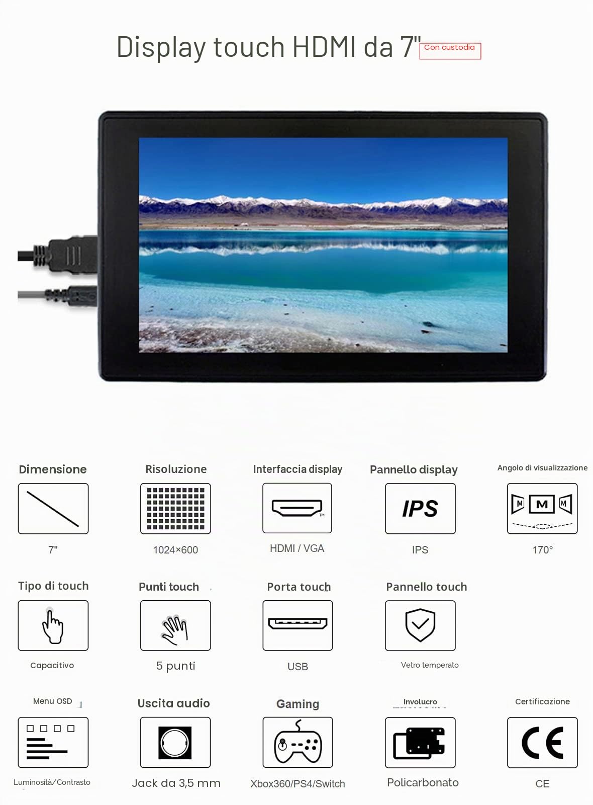 7 pollici Monitor per Raspberry Pi, 1024x600 HDMI LCD IPS Schermo Capacitivo Touch Screen Display con Custodia, Compatibile con Raspberry Pi 4B/3B +/3B/Zero, Supporto Windows 7 8 10