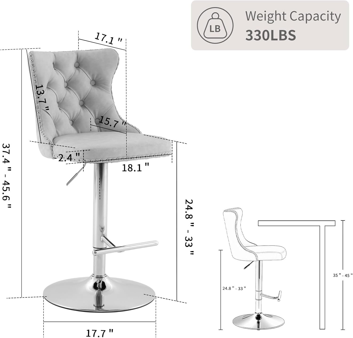 Modern Bar Stools Set of 4, Adjustable Height 25–33", Tufted Swivel Counter Height Chairs with Nailhead Trim, 360° Swivel, Velvet Barstools for Kitchen Island, Home Bar, Pub (Purple, Silver Base)