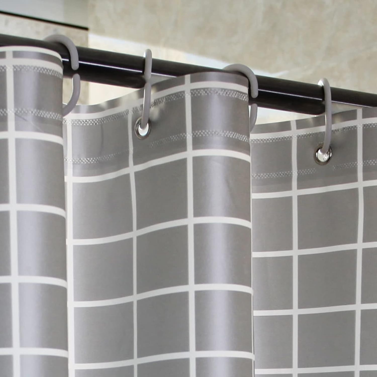 Grey Grid Bath Curtain Set Shower Curtain with Stainless Steel Buckle 12 Hooks 180x180CM for Dorm Hotel Home