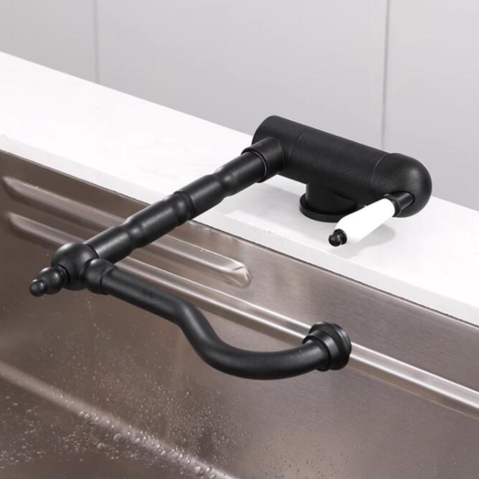 Wiquybml Black Brass Kitchen Sink Mixer Faucet Single Handle 360° Swivel Hot Cold Water Folding Tap