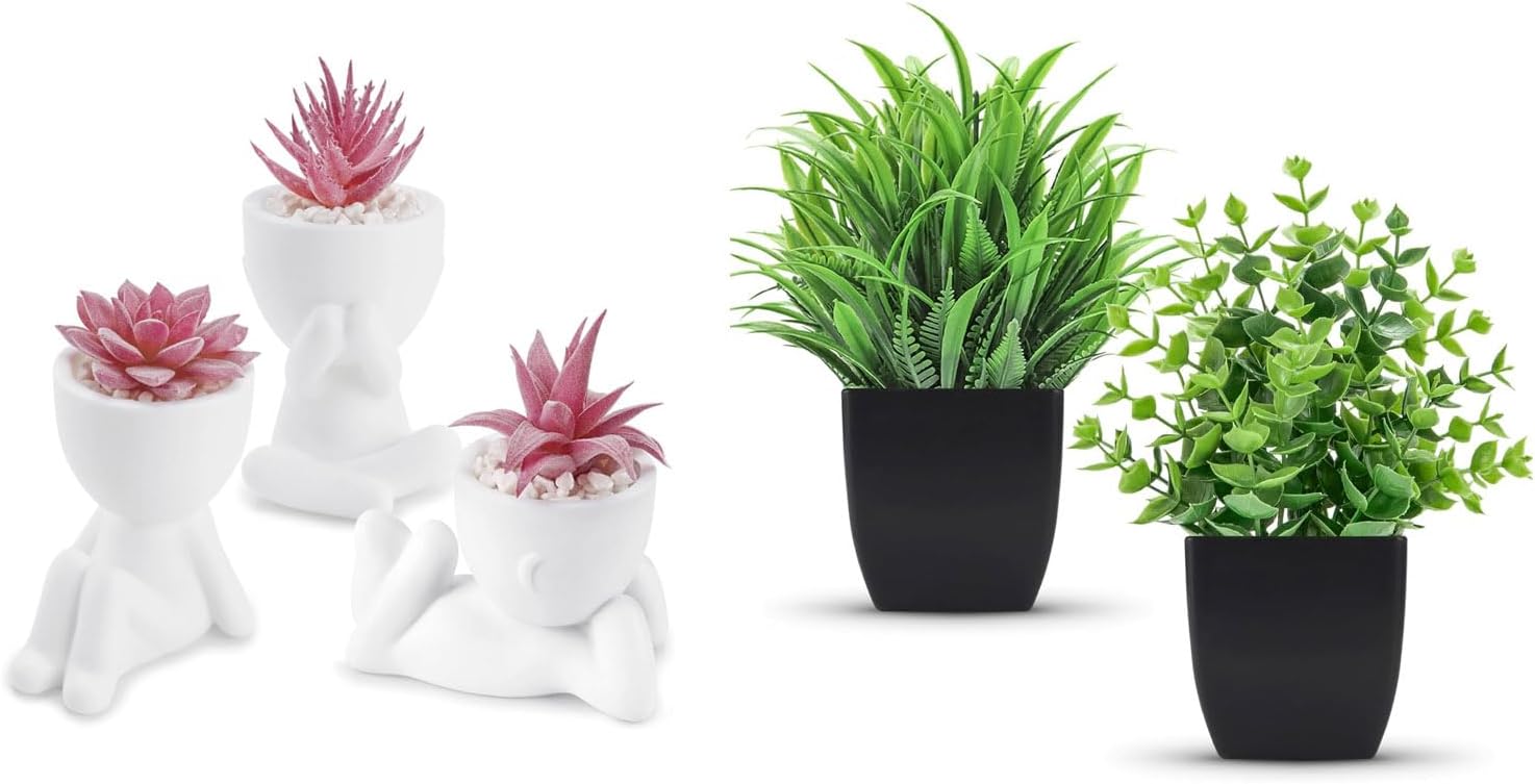 Der Rose Bundle of 3 Pcs Fake Succulents Plants and 2 Pack Faux Plants for Home Office Desk Bathroom Decor