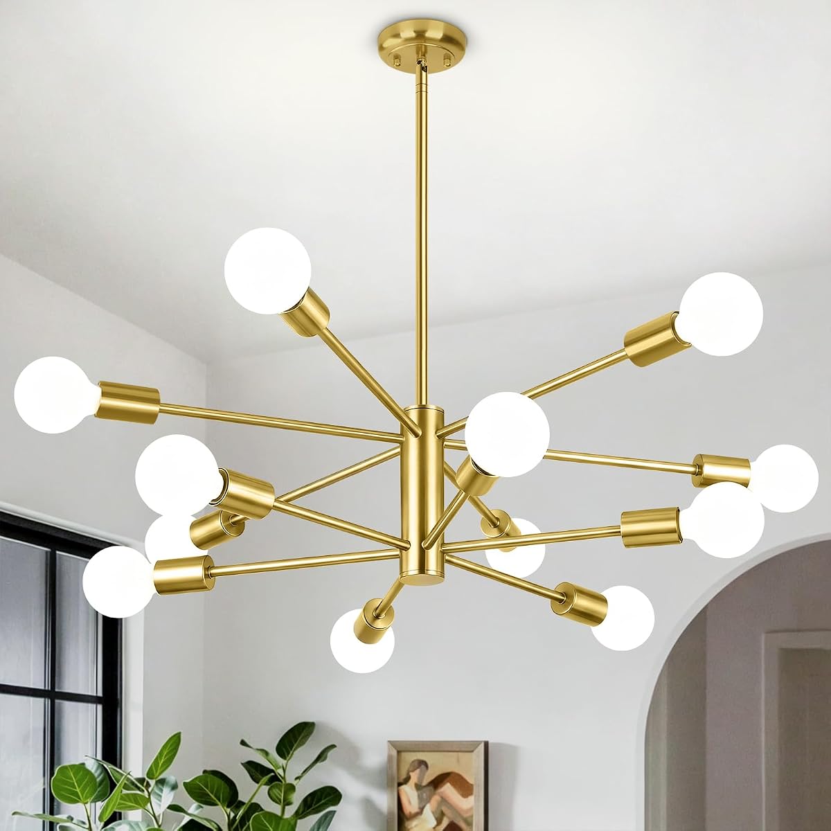 Lámpara de araña moderna de 12 luces para comedor, lámpara dorada | Diseño Sputnik, altura ajustable para colgar, instalación rápida y fácil, lámparas de araña para cocina y salón