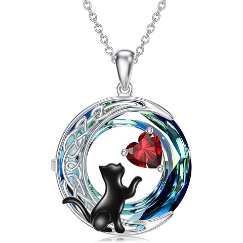 TOUPOP Cat Gifts for Cats Lovers 925 Sterling Silver Black Cat Necklace Celtic Moon Birthstone Jewelry for Women Christmas Birthday Gifts for Her