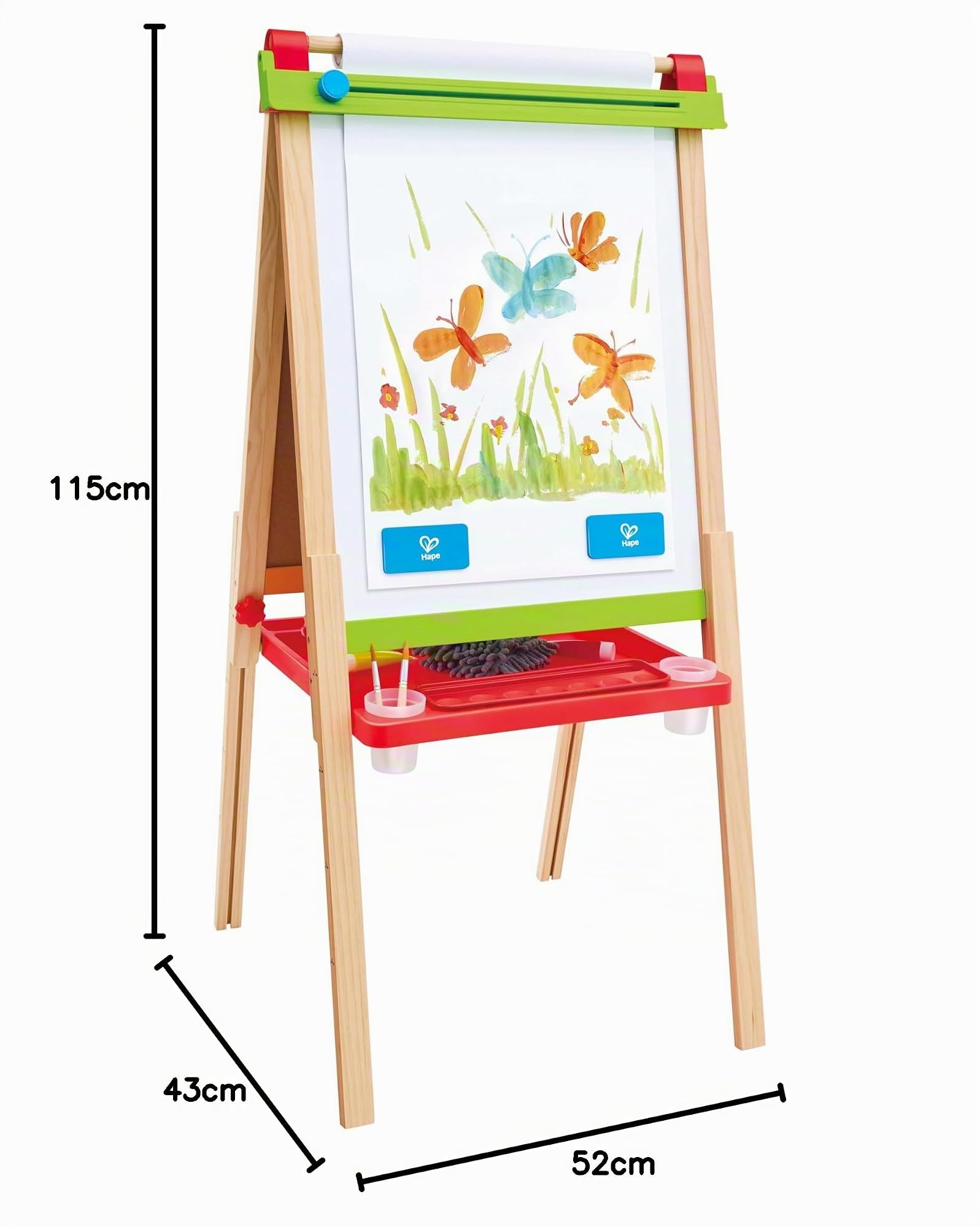 Hape Staffelei für kleine Künstler - Doppelseitige, verstellbare Kunststaffelei mit Whiteboard, Tafel & Papierrolle, Farben, Pinsel, Marker, Kreide & Ablageschale für Kunstbedarf, ab 3 Jahren