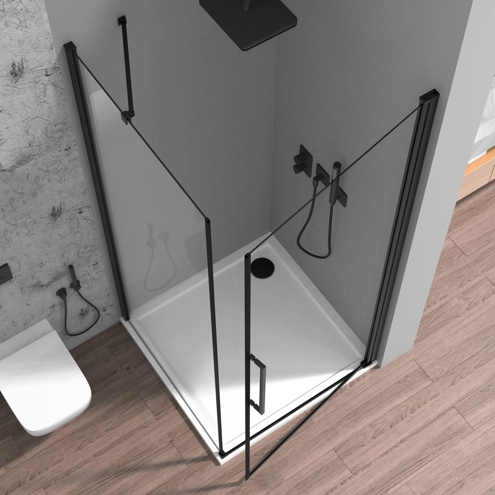 Box Doccia Angolare 80x80 Cm (H 195) Linea Neos - Porta Battente Con Lato Fisso - Cristallo Trasparente 6 Mm - Profili In Alluminio Nero