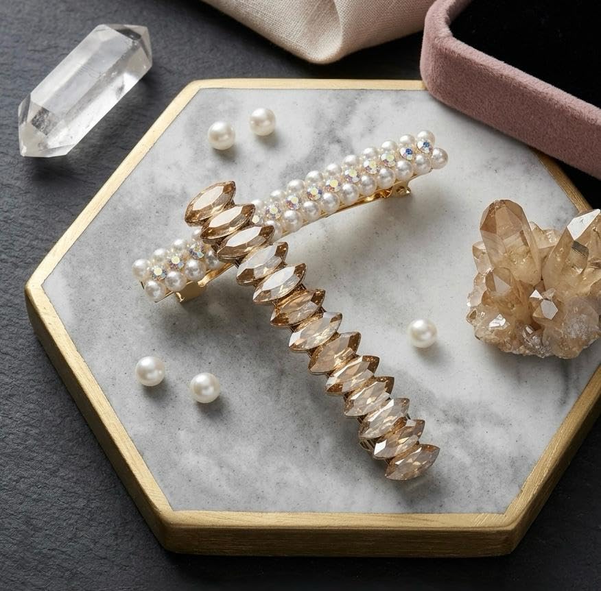 Image of Pearl & Crystal Hair Clips Set for Women, Elegant Rhinestone Barrettes, Stylish Hair Pins for Party, Wedding, Daily Wear - Pack of 2