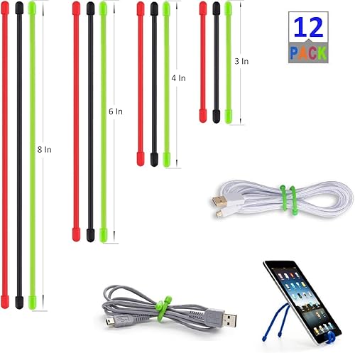 Miniatura 8 de Lazos de silicona para cables, 12 lazos de goma con núcleo de acero, lazos reutilizables para cables de alambre, organizador de correas de sujeción