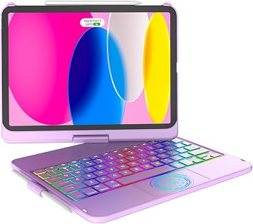 KARFUN Keyboard Case for iPad A16 11th Gen 2025 and iPad 10th Gene 2022 | 10 Color Backlight, Smart Off/Up, Multi-Touch Trackpad, 360  Rotatable Stand & Pencil Holder, Pen not included, Purple